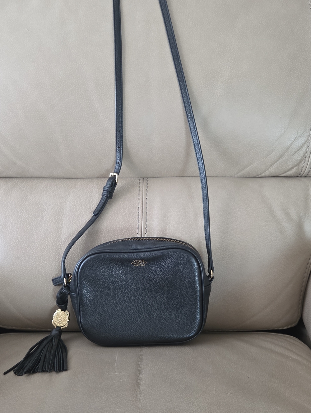 Vince Camuto Black Pebbled Leather Crossbody with Tassel